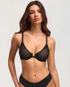 DOBREVA Women's Front Closure Plunge Unlined Bra Sheer Mesh Underwire No Padding Bras Plus Size
