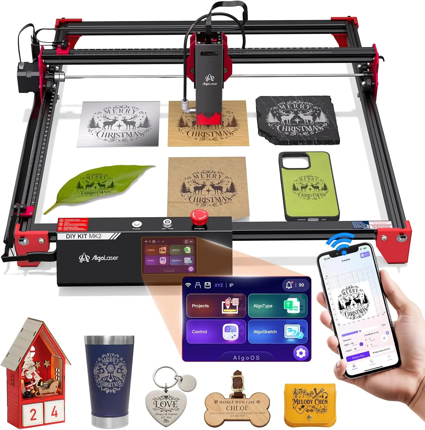 AlgoLaser DIY KIT MK2 Laser Engraver 5W, Easy Assembly Beginner-friendly With 3.5" Touch Screen,12,000mm/min Speed, 0.05mm Accyracy, 15.7" x 17.1"Working Area for Wood, Glass,Stainless steel & Leather,Ideal for DIY Festive Decor Maker &Small business, Wif