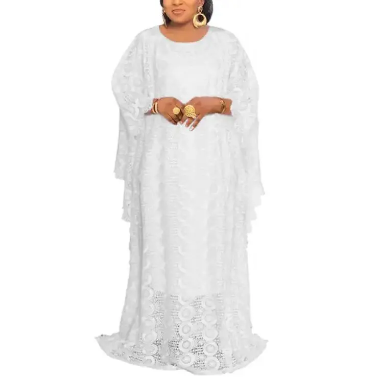 Women's Chic African Modest Long-Sleeve Scoop Neck Solid Color Floral Lace Kaftan Dress - 2026 Embroidered Rhinestone Maxi Gown, Plus Size Formal Wear for Party, All-Season Womenswear