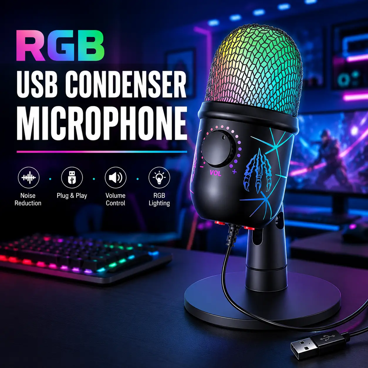 Wired RGB USB Gaming Microphone - Cardioid Gamer Stuff with Plug & Play, RGB Lighting, Noise Reduction, 1-Click Mute, Gain Control, Headphone Jack for PC, Laptop Streaming, Podcasting, Mute Function