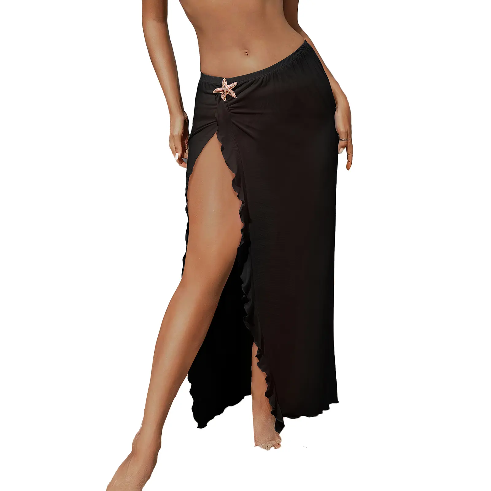 Aleumdr Women's Sheer Swimsuit Cover Up, Lily Print Ruffled Sarong Skirt with High Slit and Starfish Detail for Beach Vacation Outfits, Women's Fashion, Beach Outfits, Swimsuit Cover Ups, Polyester Blend