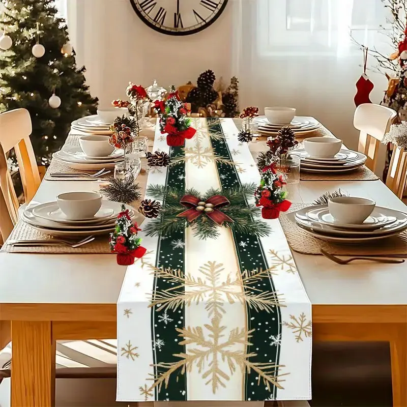 1pc Elegant Green Pine Tree and Red Bow Winter Snowflake Table Runner with Golden Accents Rectangular Fabric Christmas Decoration Suitable for Dining Table Kitchen Coffee Table Office Green Golden Holiday Decor Durable Easy-to-Clean