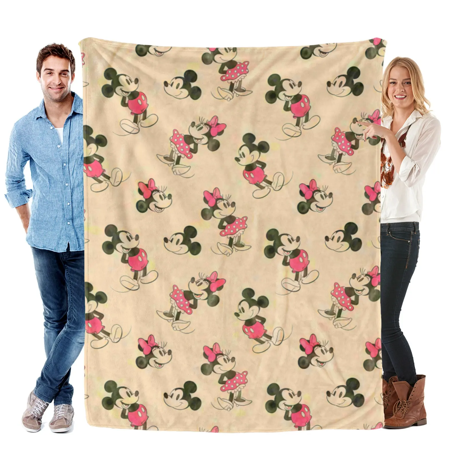 [Summervibes] Disney Cream Vintage Watercolor Mickey Minnie Couple Print Mickey Mouse Blanket - Gentle Plush Fabric, Complete Mickey Mouse Bedding Decor For Teen Girls Bedroom & Guest Room