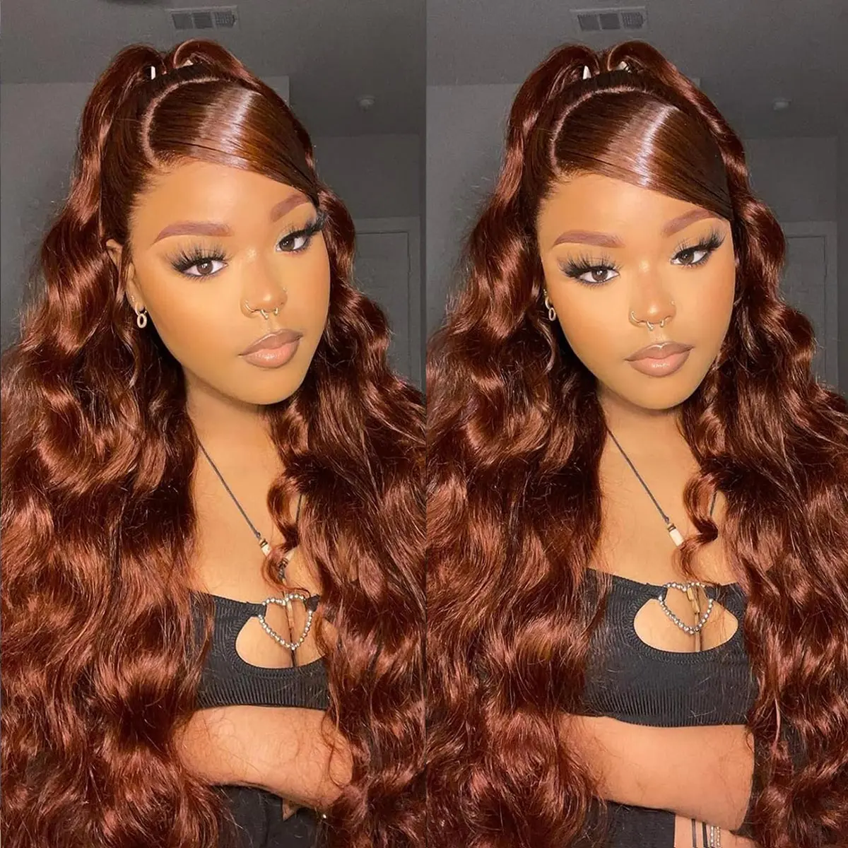 OQ HAIR #33 Ginger Color Body Wave Side Part Glueless Wigs 220% Density 7x5 Pre-Cut Lace C Part Human Hair Wear Go Wigs For Women Pre-Styled PrePlucked Hairline Invisible Knots Wigs Pre Colored for Beginner Friendly