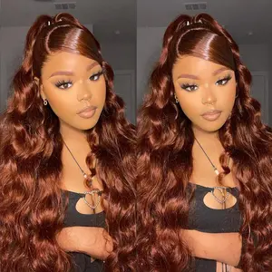 OQ HAIR #33 Ginger Color Body Wave Side Part Glueless Wigs 220% Density 7x5 Pre-Cut Lace C Part Human Hair Wear Go Wigs For Women Pre-Styled PrePlucked Hairline Invisible Knots Wigs Pre Colored for Beginner Friendly