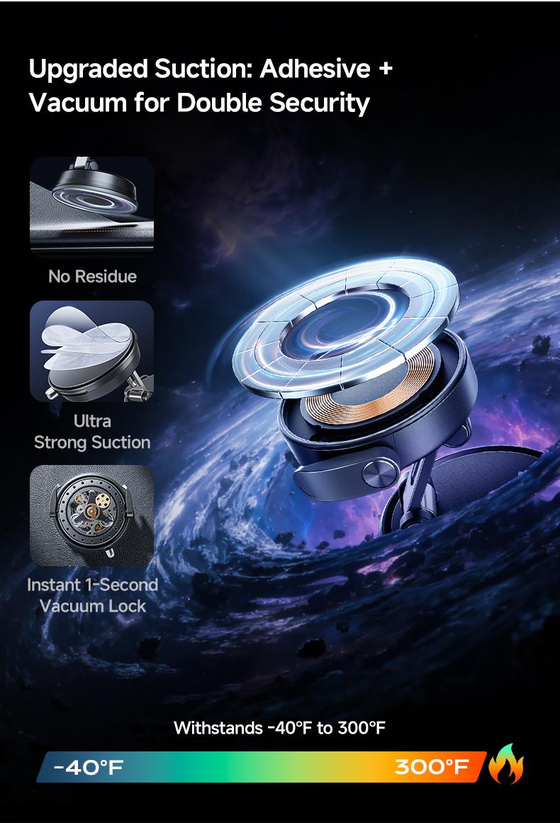 MAGIC JOHN Clip-On Car Phone Holder, Strong Magnetic Grip, Non-Slip Foldable Stand, 360° Adjustable, for Car Navigation & Home Use — Works with or without Magnetic Phones