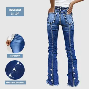 Flamingals Wash Seam Back Button Decor Raw Hem Mid Rise Bootcut Jeans