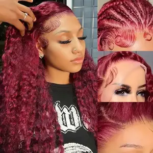 34 inch 36 inch 99J Burgundy Lace Front Wigs Human Hair Deep Wave 13x6 HD Lace Frontal Wigs Human Hair Pre Plucked 180 Density Wine Red Colored 99J Curly human hair Wig with Baby Hair 26 inch Glueless Wig 280 Density