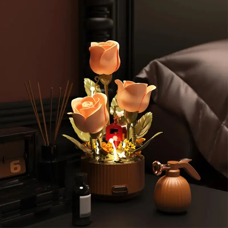 Dynamic Interactive Building Block Flower One Click Blooming Ambient Night Light Educational Assembly Desktop Ornament Perfect Gift(Building block style, requires assembly)