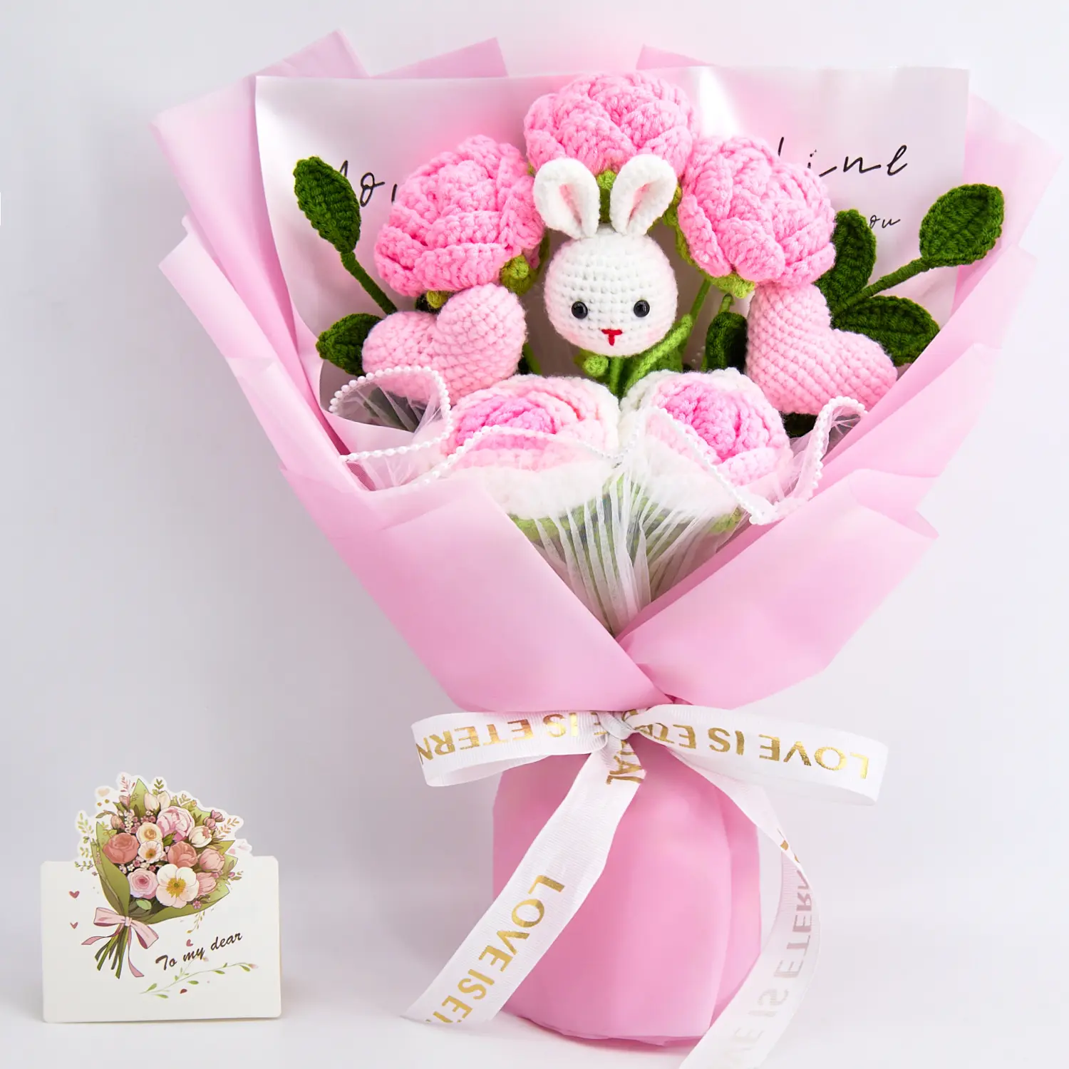 Handmade Crochet Flowers Bouquet Easter Gift with Cute Bunny Pink Flowers Gift for Girlfriend Birthday Wedding Anniversary Just Because Graduation Gift for Her with Card Forever Flowers Mother’s Day Christmas Holiday Home Decor US Fast Shipping