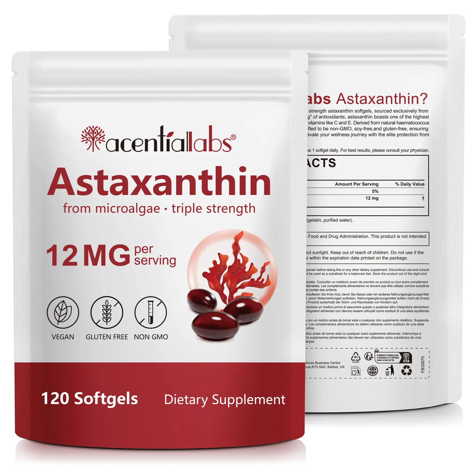 Acentiallabs Natural Astaxanthin 12mg Antioxidant Healthcare Dietary Supplement - 120 Gluten Free Vitamins Softgel Capsules (4-Month Supply), Fresh Microalgae Source, GMO Free, Eye & Joint Support, Dairy Free, 3 Years,travel essentials campinge tiktokshop