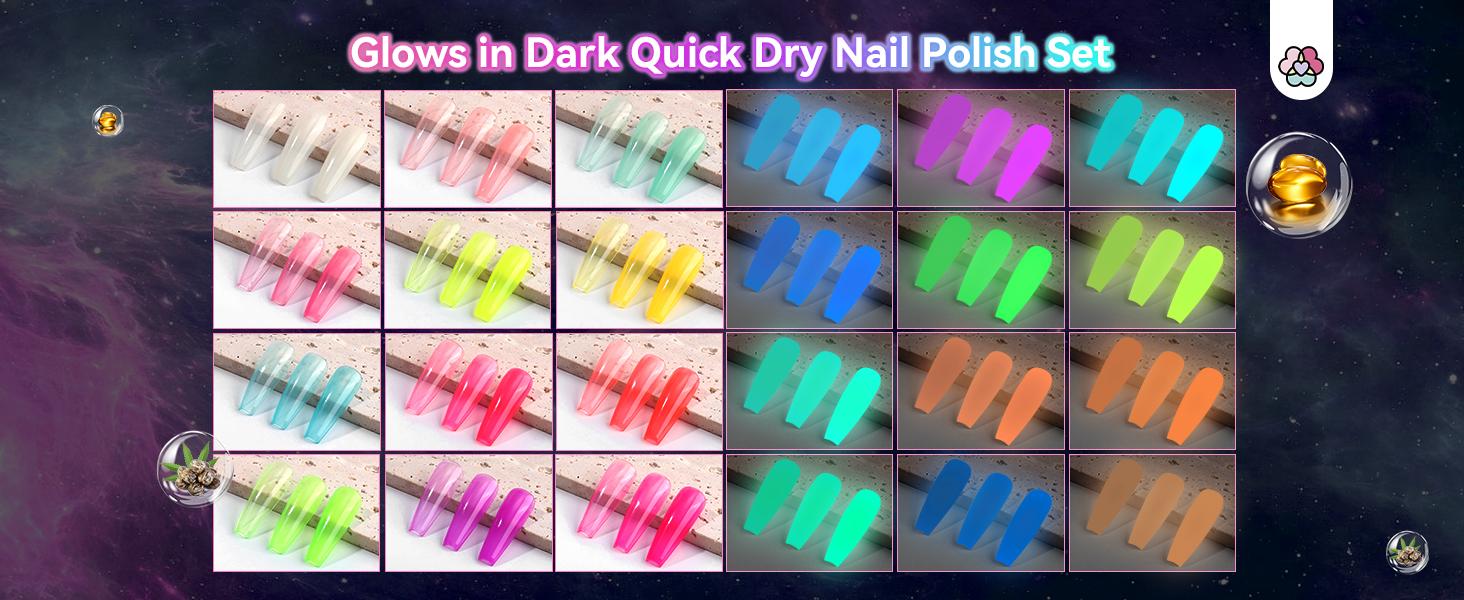 SAVILAND Glow-in-the-Dark Nail Polish Set: 12 Luminous Neon Vegan Shades Base & Top Coat Quick-Dry Formula Perfect for Salon Home DIY & Nail Art(All kits include a base coat and top coat for nail polish)
