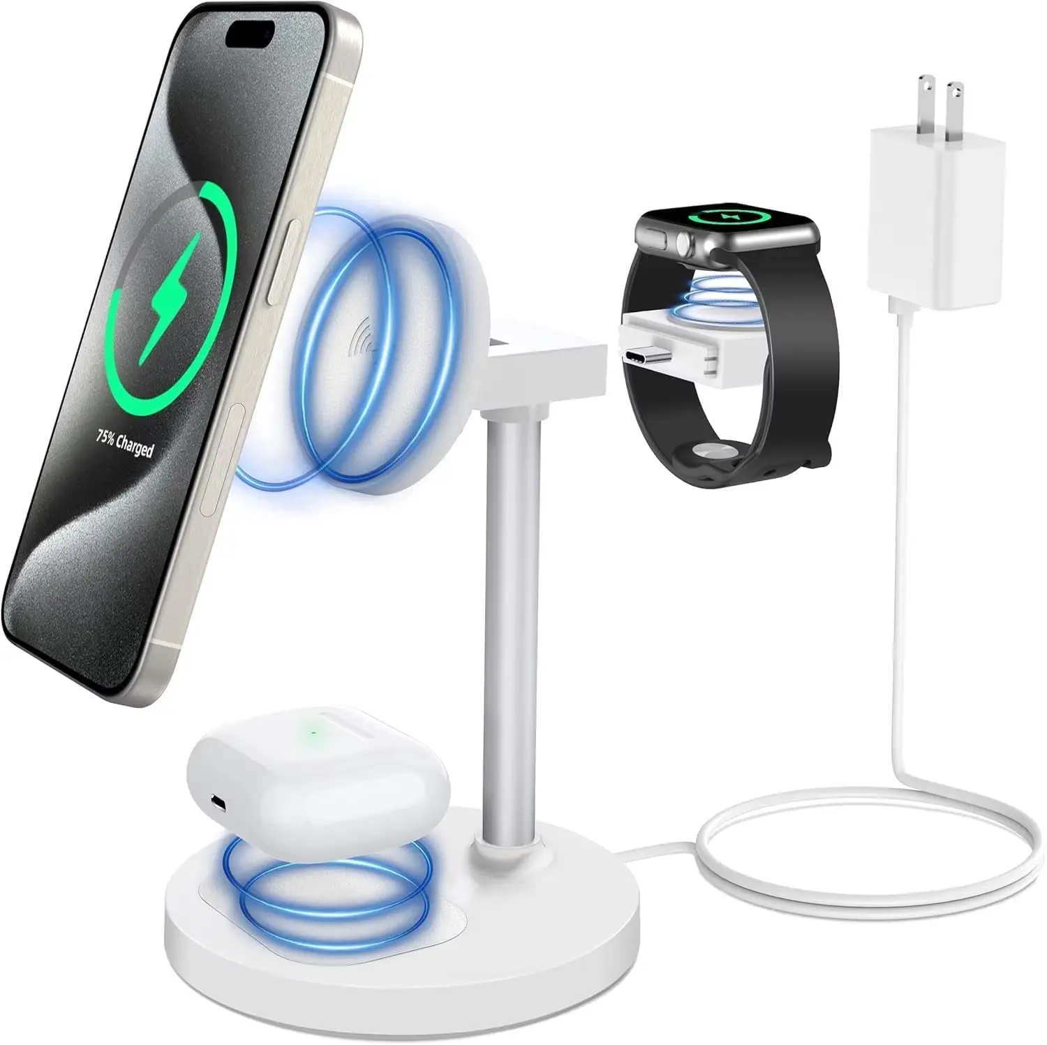 3-in-1 Magnetic Wireless Charging Station for Apple Devices - Fast Charging Stand for iPhone 15/14/13/12 Pro Max, Apple Watch Ultra/9/8/7/SE, AirPods Pro 2/3/2 - Adjustable 360° Rotation Includes 18W Wall Adapter & Type-C Cable Pad Silicone