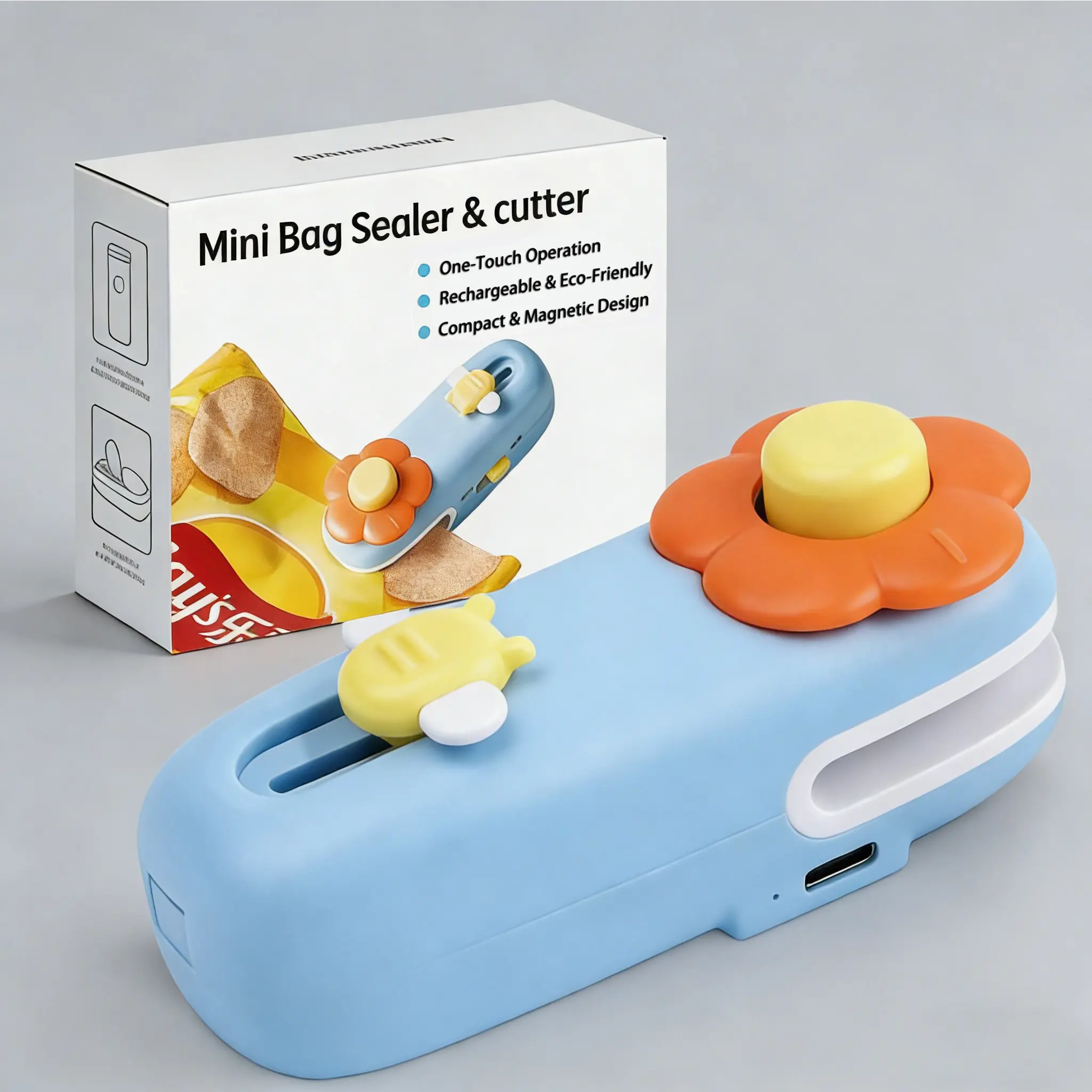 2 in 1 Heat Sealer and Cutter, Compact Handheld Bag Sealer Sealing Machine, Rechargeable USB-C Kitchen Appliance with Magnet, Portable Resealer for Plastic Food Bags Snacks, Ideal for Travelers