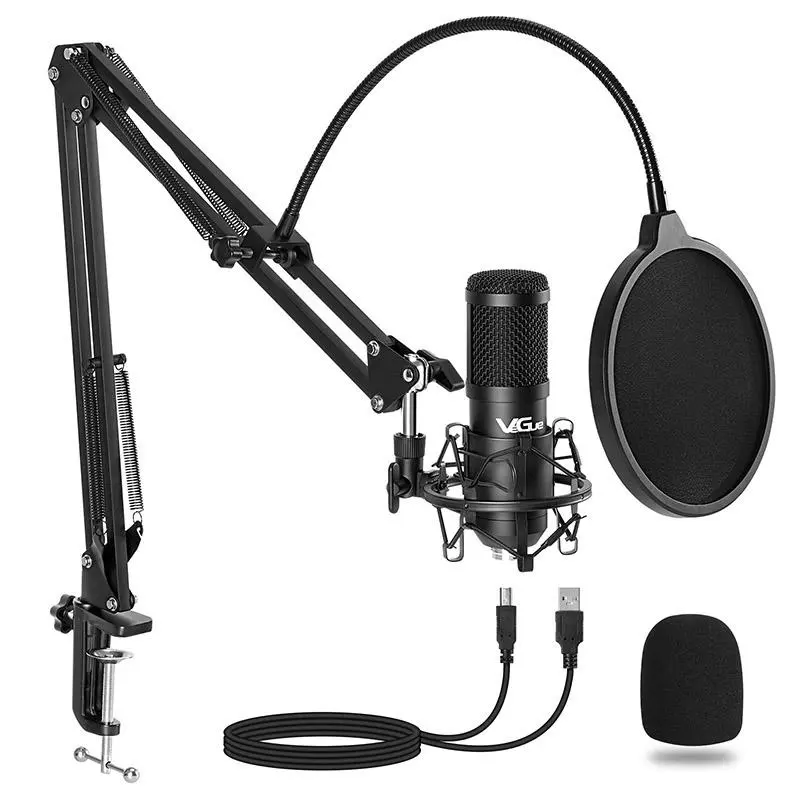 USB Microphone Kit, Professional Condenser Microphone with Adjustable Arm Stand & Pop-Filter & Shock Mount, RGB Lighting Effect Silent Button Headphone Jack, for Recording Game Singing, Accessories, Recording Set, Recording Studio Equipment