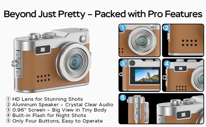 HOTU Mini Leather Keychain Digital Camera with 32G Card Y2K Pocket-Size 1080P HD Camera 1MP Lens Flash & 0.96" Screen Retro Leather Vlog Camera for Travel Concerts Kids & Instant Party Recording Vintage Charging Gift for Kids NewYear Christmas Gifts