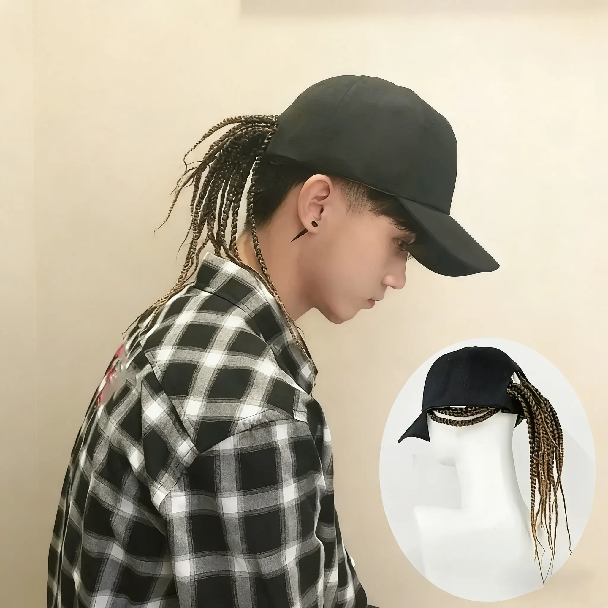 Hip-hop punk baseball cap with braided dreadlocks wig, adjustable back buckle, high-temperature fiber material, black/brown, perfectly matching motorcycle style and urban fashion.