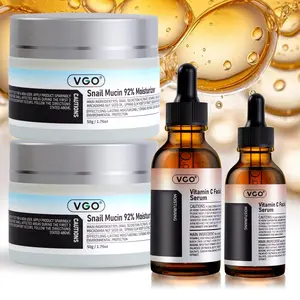 VGO Skin Care Set: Vitamin C Serum, Snail Mucin Moisturizer, & Skin Cleanser for Sensitive Skin - 30ml & 50g - Radiant Complexion & Elasticity Repair