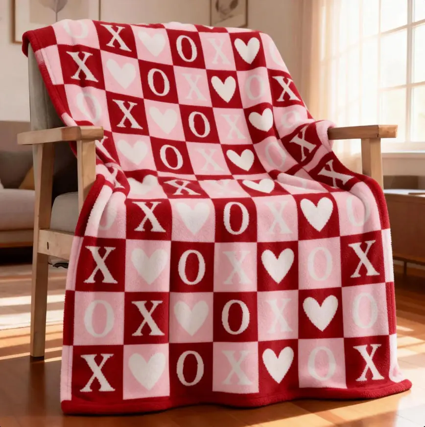 Valentine's Day Reversible Flannel Throw Blanket, 80x60 in Heart Print Red Pink White, Soft Lightweight Cozy Love-Day Gift Idea for Wife, Couch-Decor Item That Simplifies Daily Use