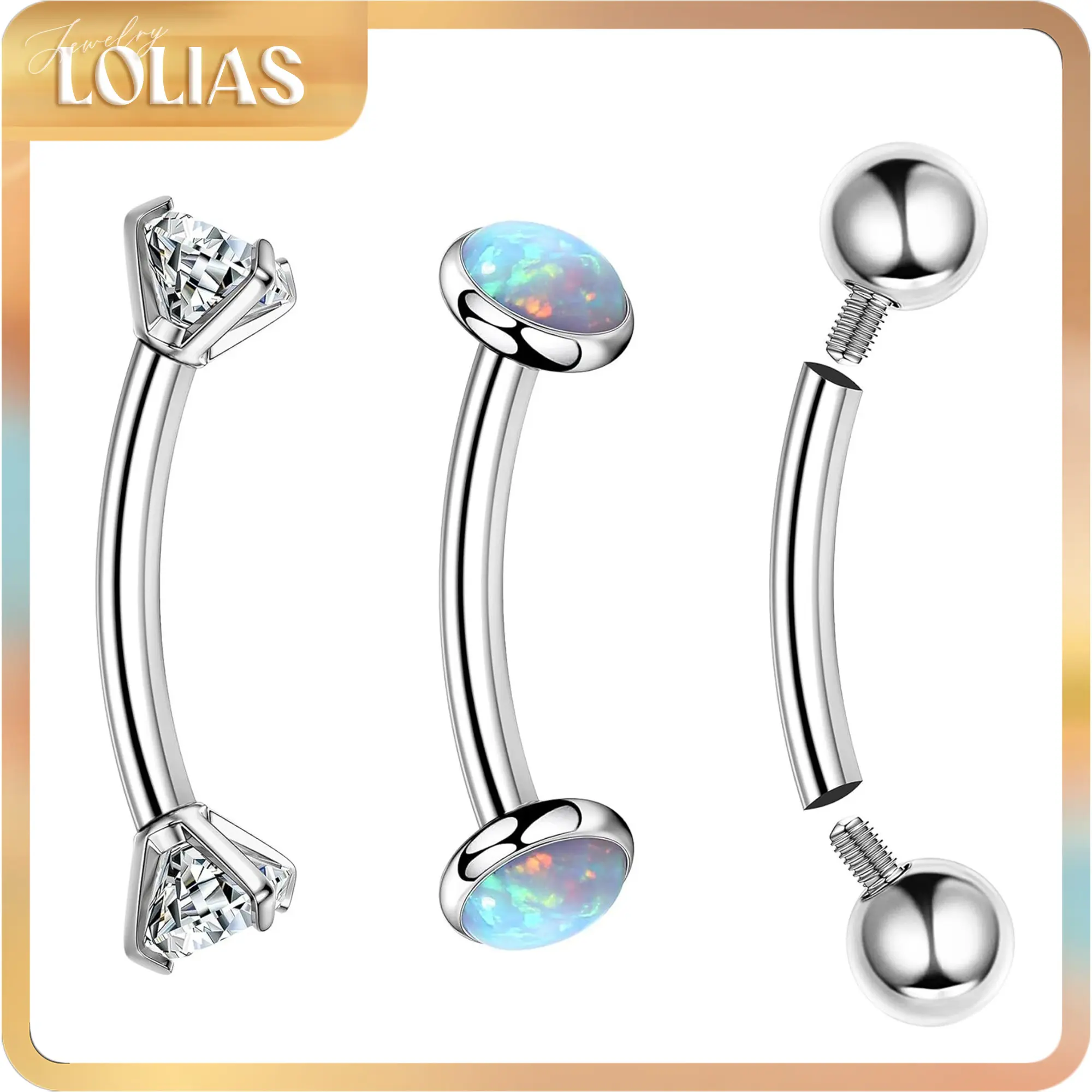 LOLIAS G23 Titanium Body Jewelry Set, 3-Piece Curved Barbells with CZ & Opal, 16G Internally Threaded for Belly Button Piercing, Vertical Labret, Rook, Casual, Belly Piercing, Cubic Zirconia, Female, Daily