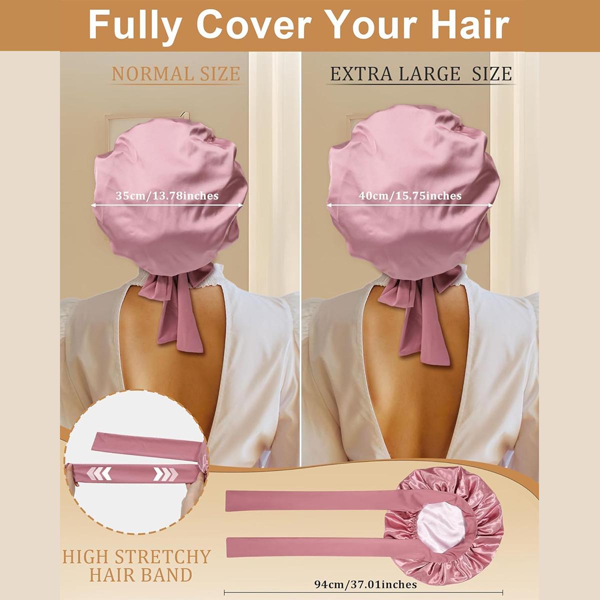 Large Double Layer Solid Satin Bonnets Silk Like Texture for Sleeping Cap with Elastic Band Reversible for Curly Hair Bonnets Gifts for Women