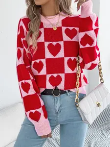 Hearts Sweater Valentine's Day Colors Red & Pink Checkered Design for Women