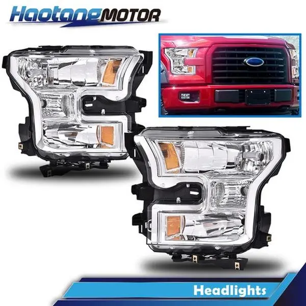 CROSSDESIGN Front Headlight Replacement Kit with Amber Reflector, Chrome Housing, Left & Right 1-Pair Set, Fit for 2015-2017 Ford F150