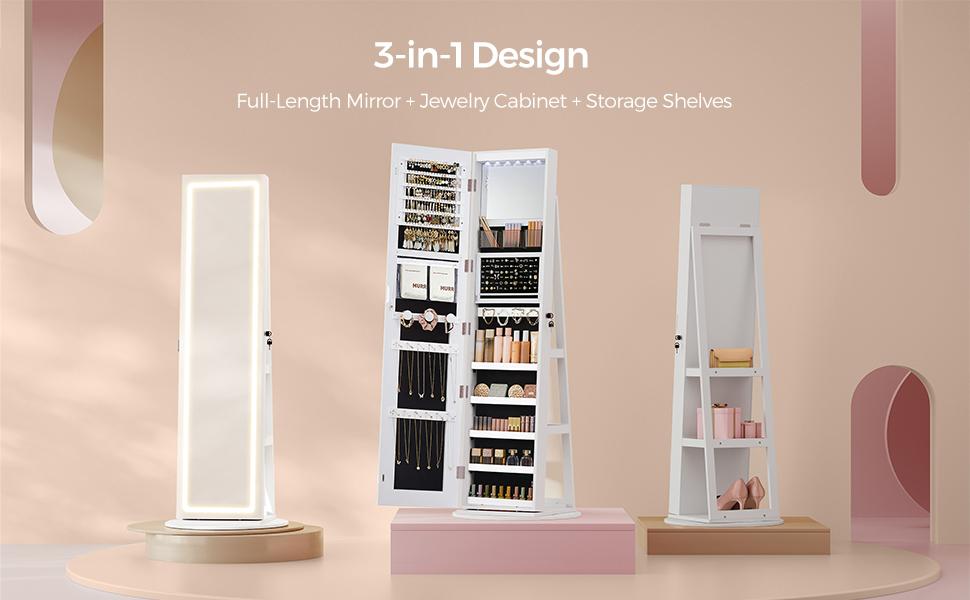 SONGMICS Lockable LED Lighted Jewelry Mirror Cabinet - Standing Vanity Aesthetic Jewelry Armoire with 3 Drawers&Shelves, Large Full-Body Mirror, Large-Capacity Door-Mounted Home Organizer, Room Decor Christmas Gift