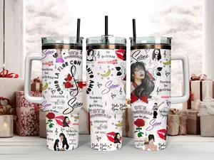 Selena Quintanilla Queen of Tejano 40oz Tumbler with Handle | Como La Flor Bidi Bidi Bom Bom Sticker Collage Travel Mug with Straw | Fan Gift Idea
