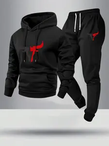 Spring/autumn lightweight men’s hooded sweatshirt and sweatpants set featuring a bull head graphic print; fashionable casual menswear two-piece set with pockets and street-style athletic design, including elastic-waist drawstring long pants. Street-style
