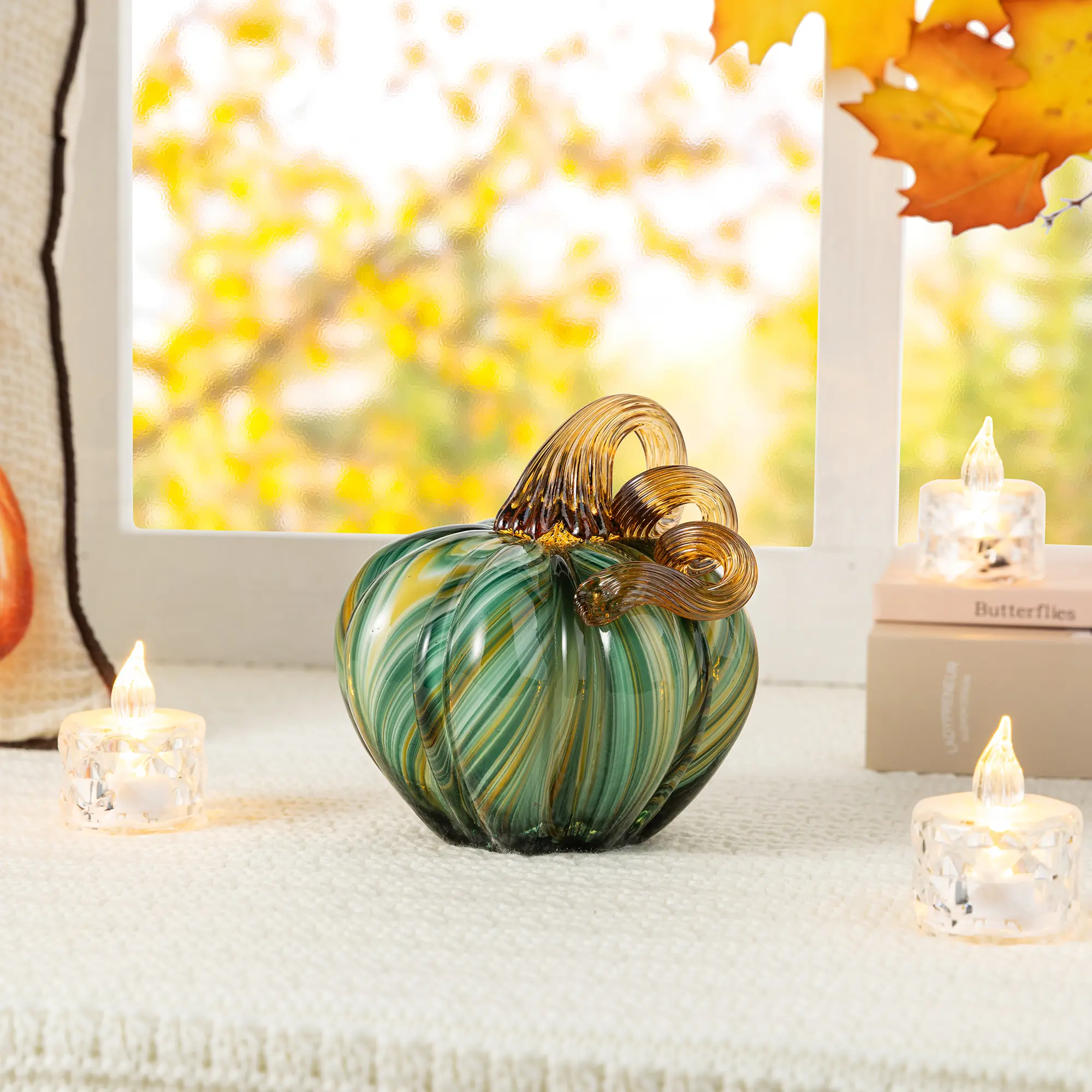 Glitzhome Modern Multi-Green Striped Drop-Proof Glass Short Pumpkin, 4.5"D x 4.75"H, Harvest Decoration for Room Festive Decor