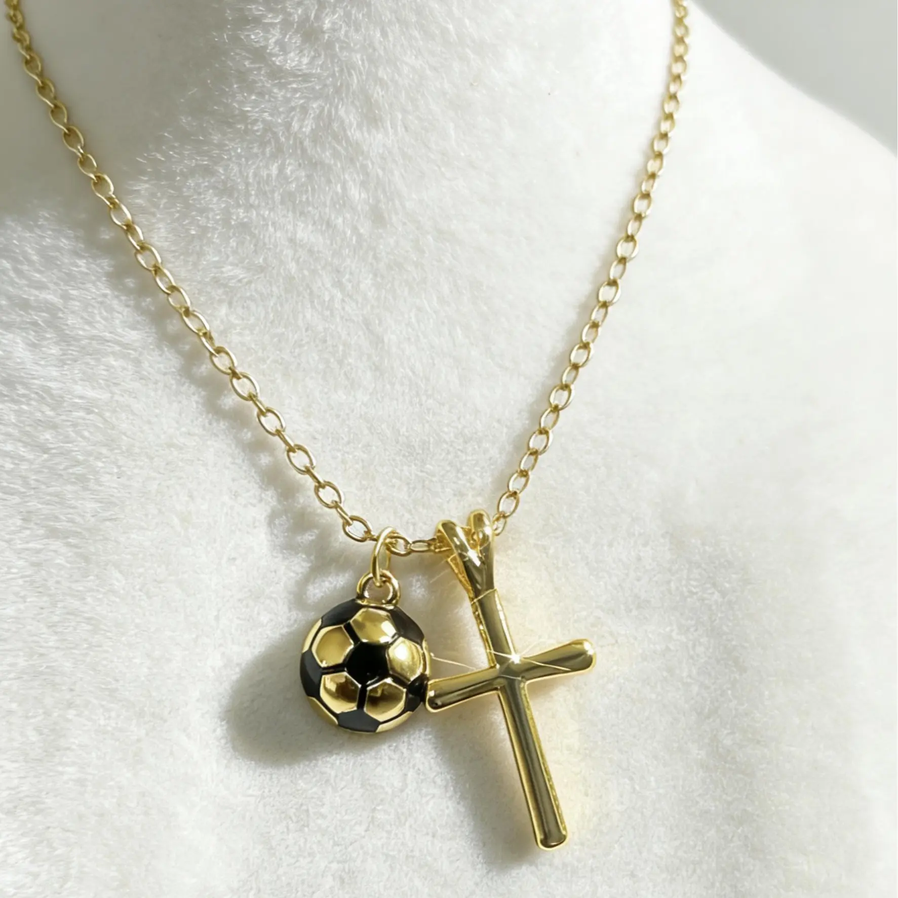 Premium Alloy Soccer & Cross Pendant Juniors Chain Necklace, Dainty Everyday Jewelry for Game Days & Casual Looks, Minimalist Trendy Accessory for Gifting, Sporty Faith Necklace