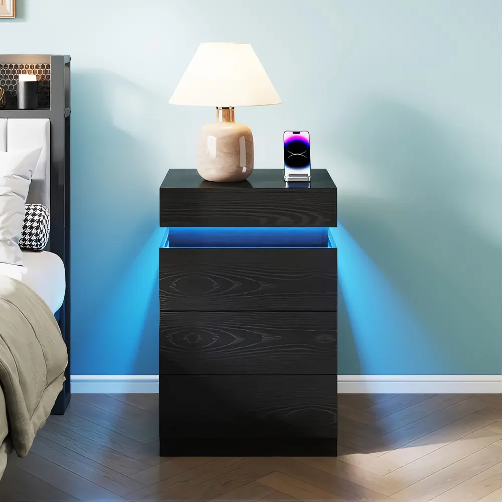 Modern Black Bedroom Dresser - 3-Drawer LED-Lit Bedroom Chest of Drawers, Indoor Furniture for Home Decor