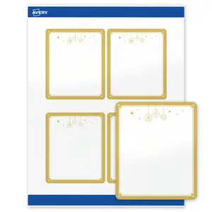 Avery Printable Labels with Sure Feed Technology, Rectangle, 4" x 3-1/3", Pre-Printed Metallic Gold Hanging Ornaments Design, Glossy White, Laser & Inkjet Compatible, 40 Total