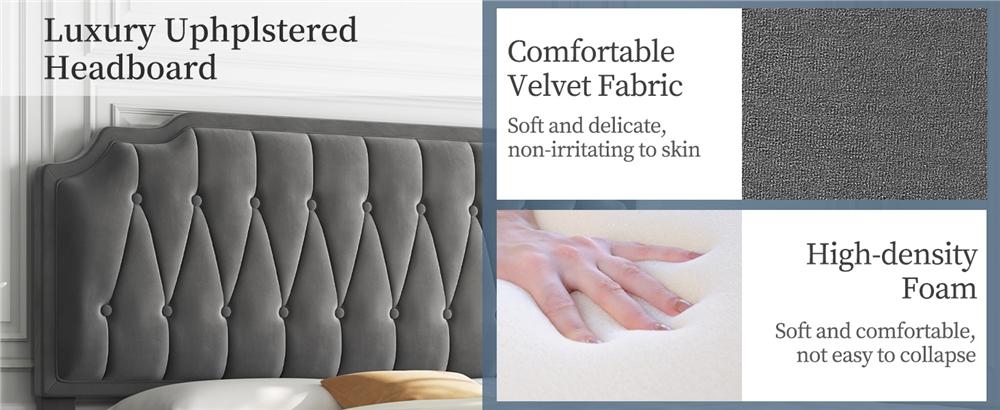 Yaheetech Linen Fabric /Velvet Upholstered Bed Frame Full/Queen/King with Wooden Slat Support, No Box Spring Needed, Durable Construction, Easy Assembly Furniture Bedroom Beige Headboard