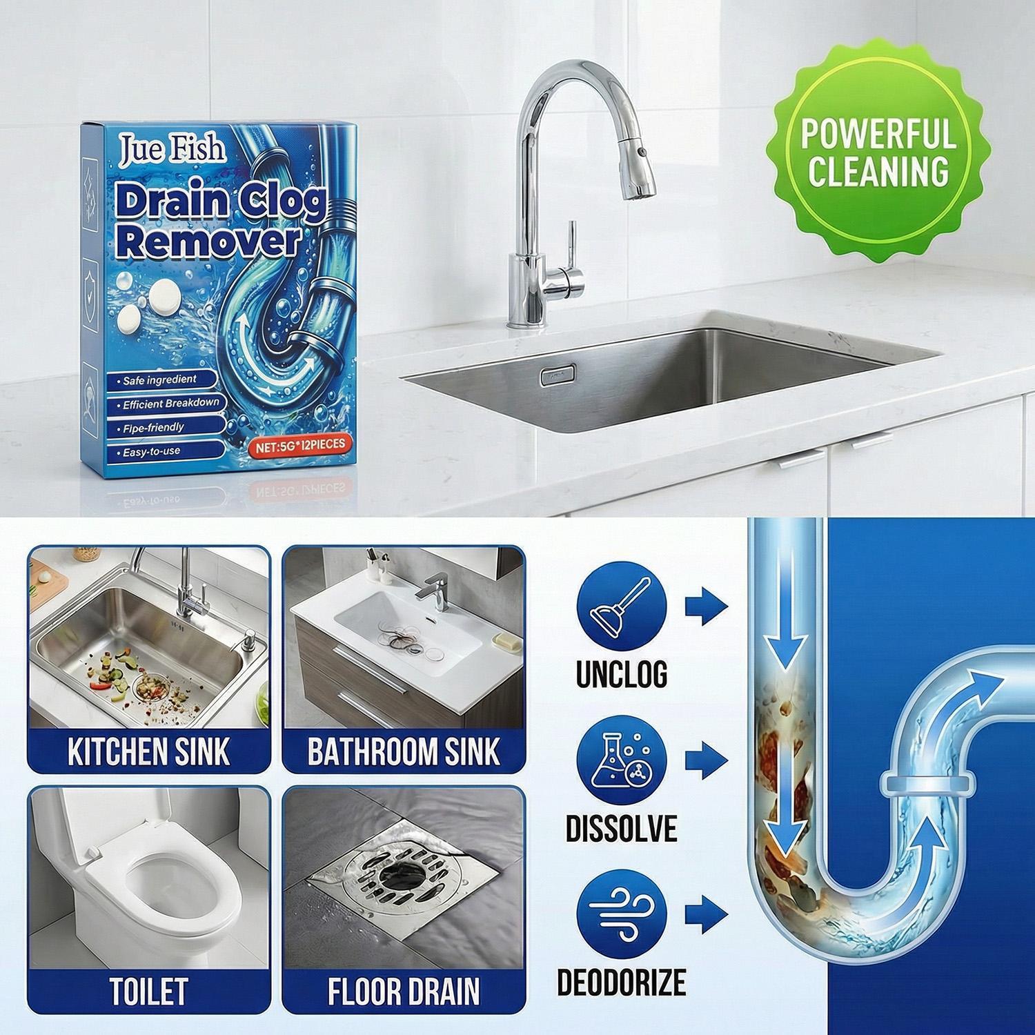 Strong Drain Effervescent Tablet for Kitchen & Bathroom Pipes, Dissolves 200 Clogs, Kills 99% Bacteria, Removes Odors, Unscented, 1 Box Strong Drain Effervescent Tablet for Kitchen & Bathroom Pipes, Dissolves 200 Clogs, Kills 99% Bacteria, Removes Odors, Unscented, 1 Box