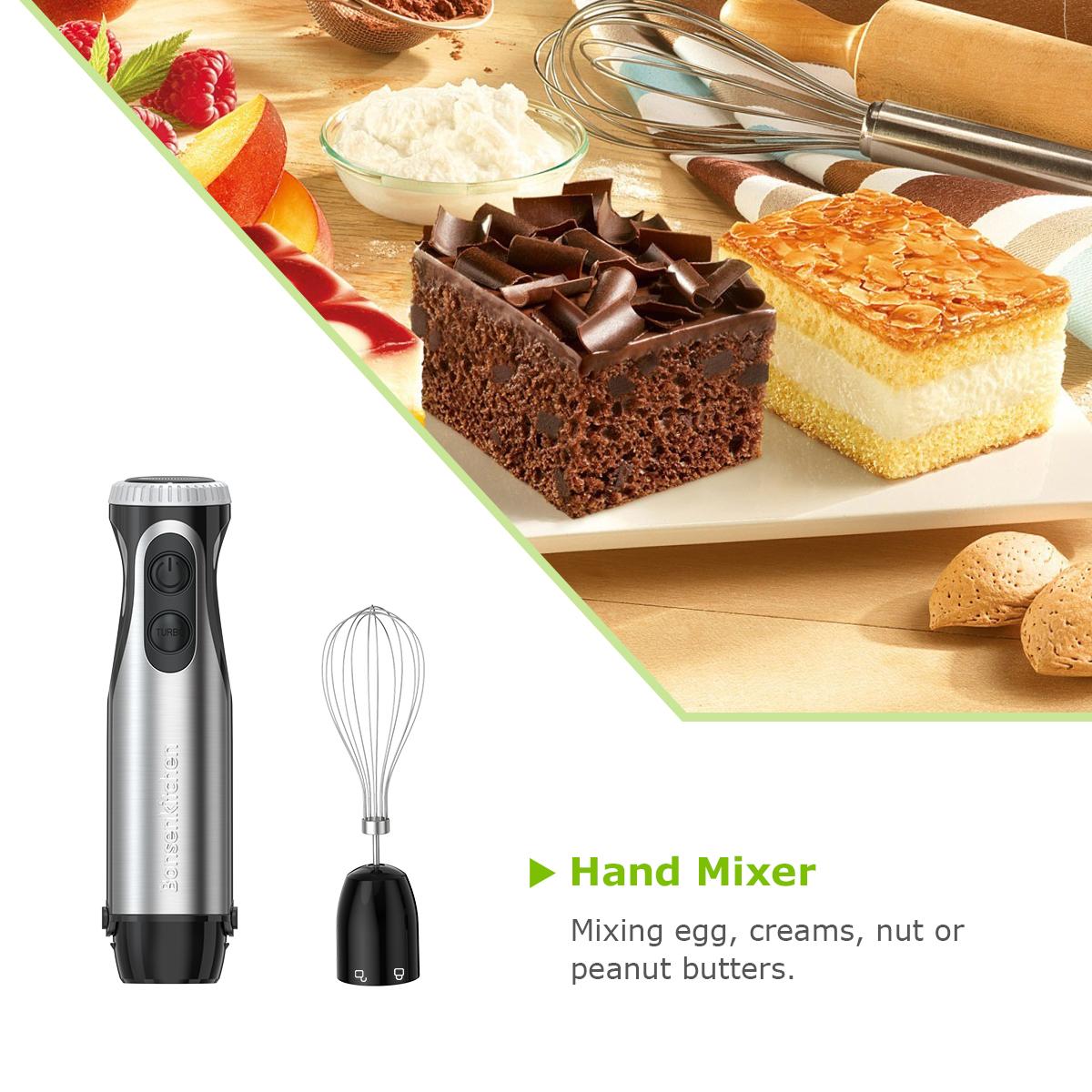 Bonsenkitchen Immersion Blender, 20 Variable Speeds & Turbo, 4-In-1 Stainless Steel Handheld Blender Stick Mixer with Egg Whisk, Beaker & Chopper Bowl electric mixer