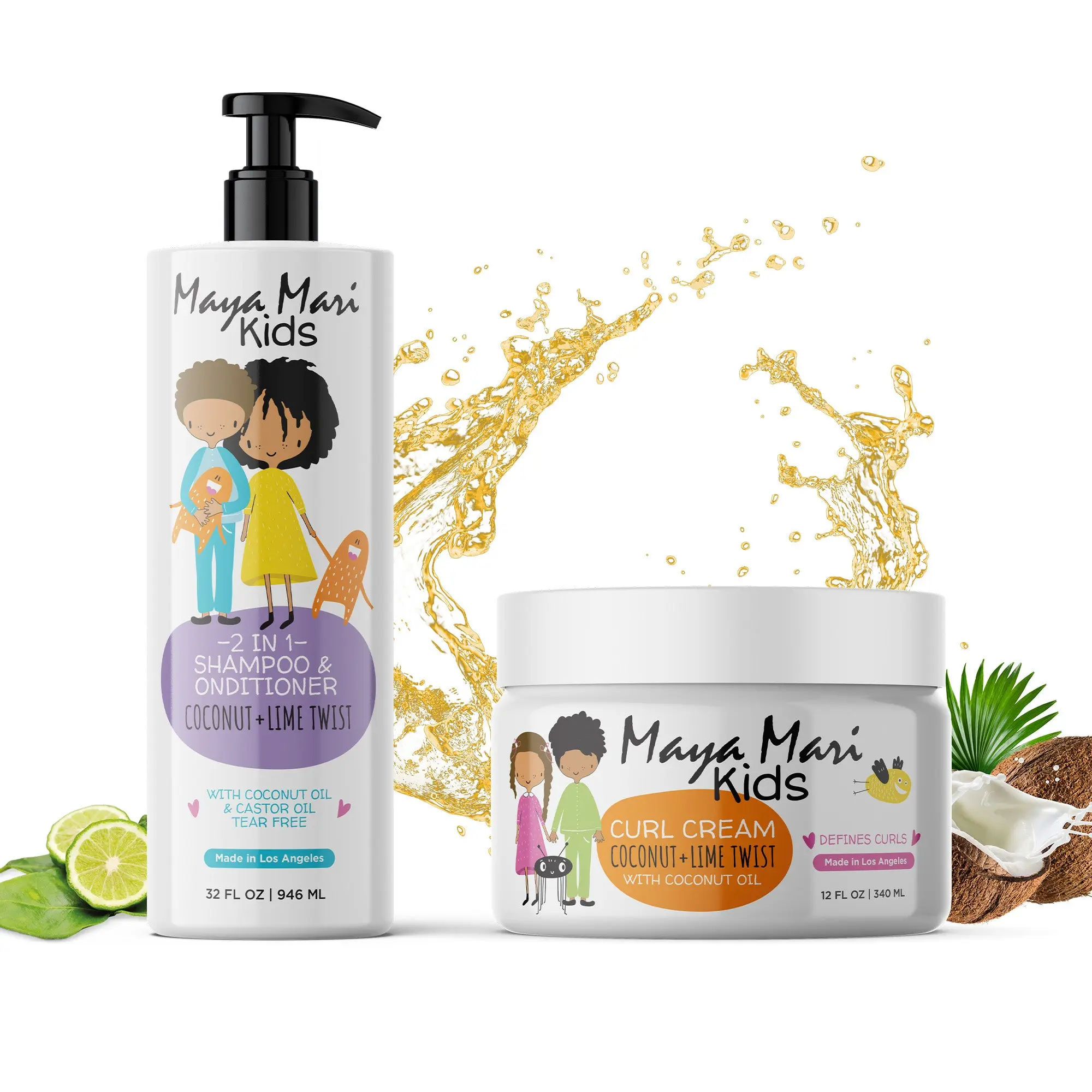Maya Mari Kids Curly Hair 2-Piece Conditioning Haircare Kit - Coconut 2-in-1 Shampoo & Cleanser, Silky Moisturizer Curl Cream to Hydrate, Nourish Dry Scalp for Kids with Curly Hair