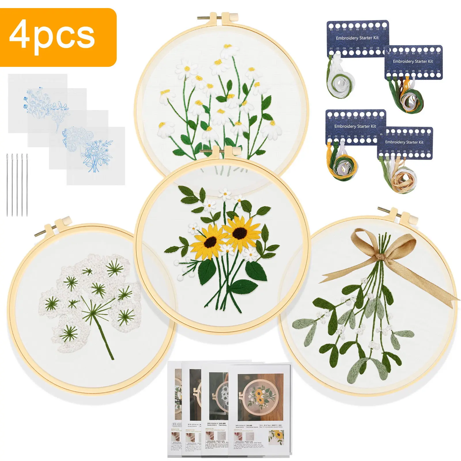 4 Sets Floral Embroidery Starter Kit for Adults Beginners - Sunflower  Cross Stitch Kit,Includes Embroidery Clothes,Hoops,Thread,Needles,DIY Hand Sewing Gift