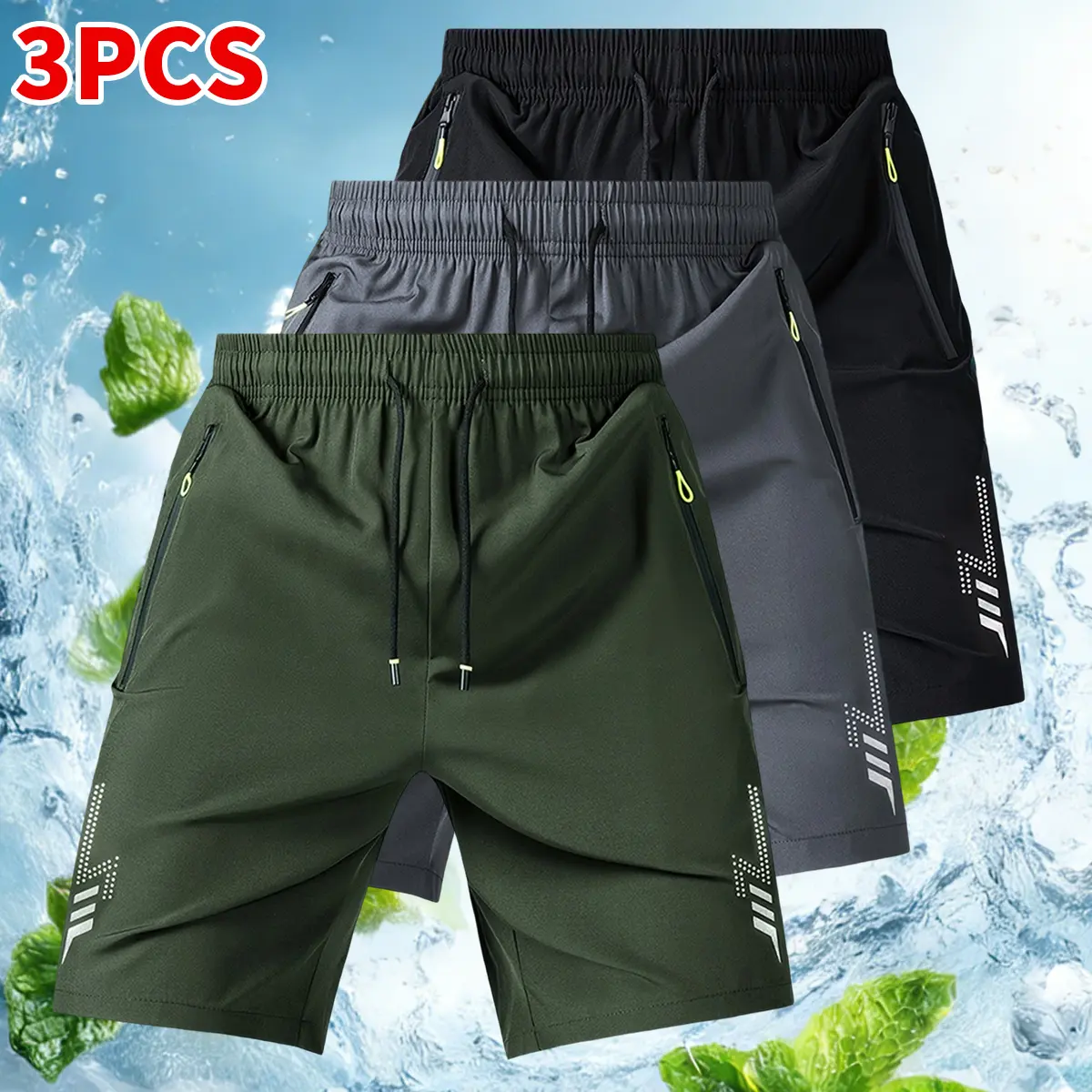 Men's 3-Pack Sport Casual Athletic Shorts - Fitted Cut with Reflective Geometric Prints, Drawstring Tie & Zipper Pockets for Summer Running, Reflective Print, Blue Geometric Print Men's Shorts