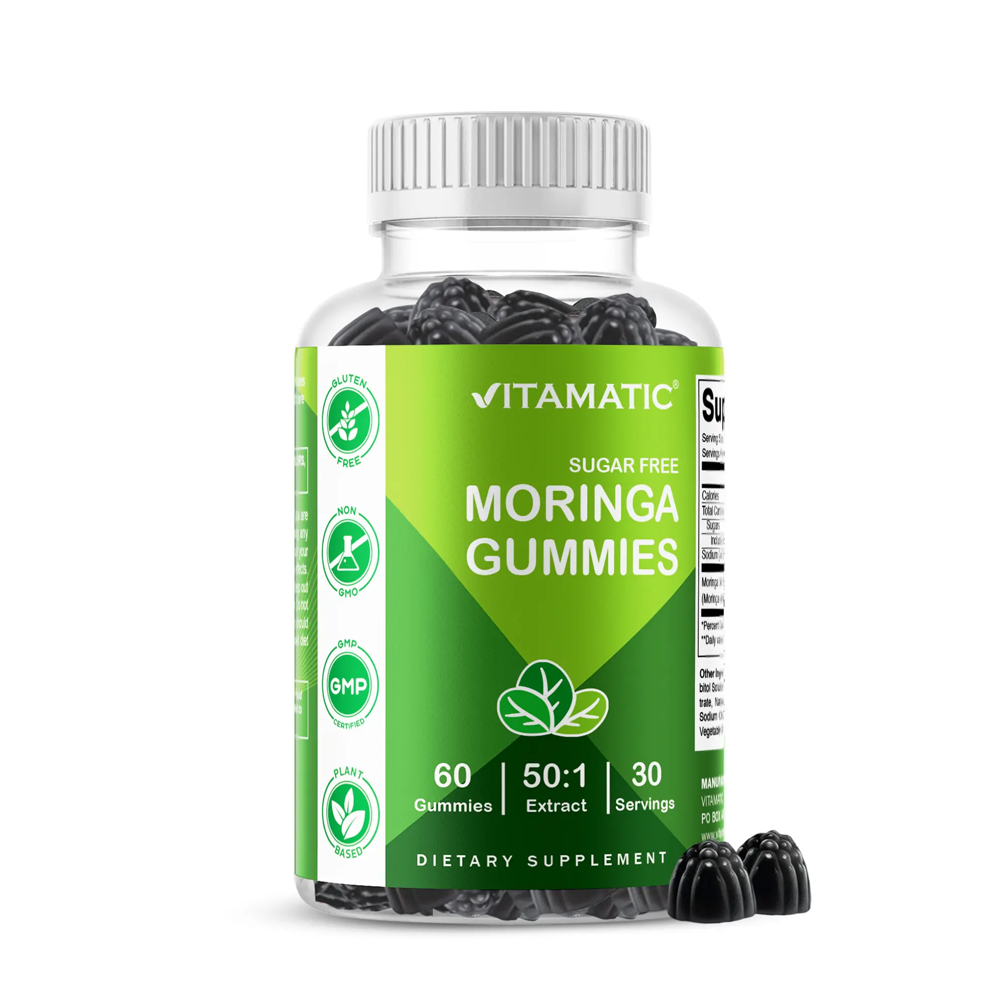 Vitamatic Sugar-Free Moringa Gummies - 60 Pectin-Based Chewables, Peach Flavor, Dietary Supplement, Essential Minerals, Gluten-Free, Non-GMO, Vegan, Natural Energy Support, Clean Fitness Support