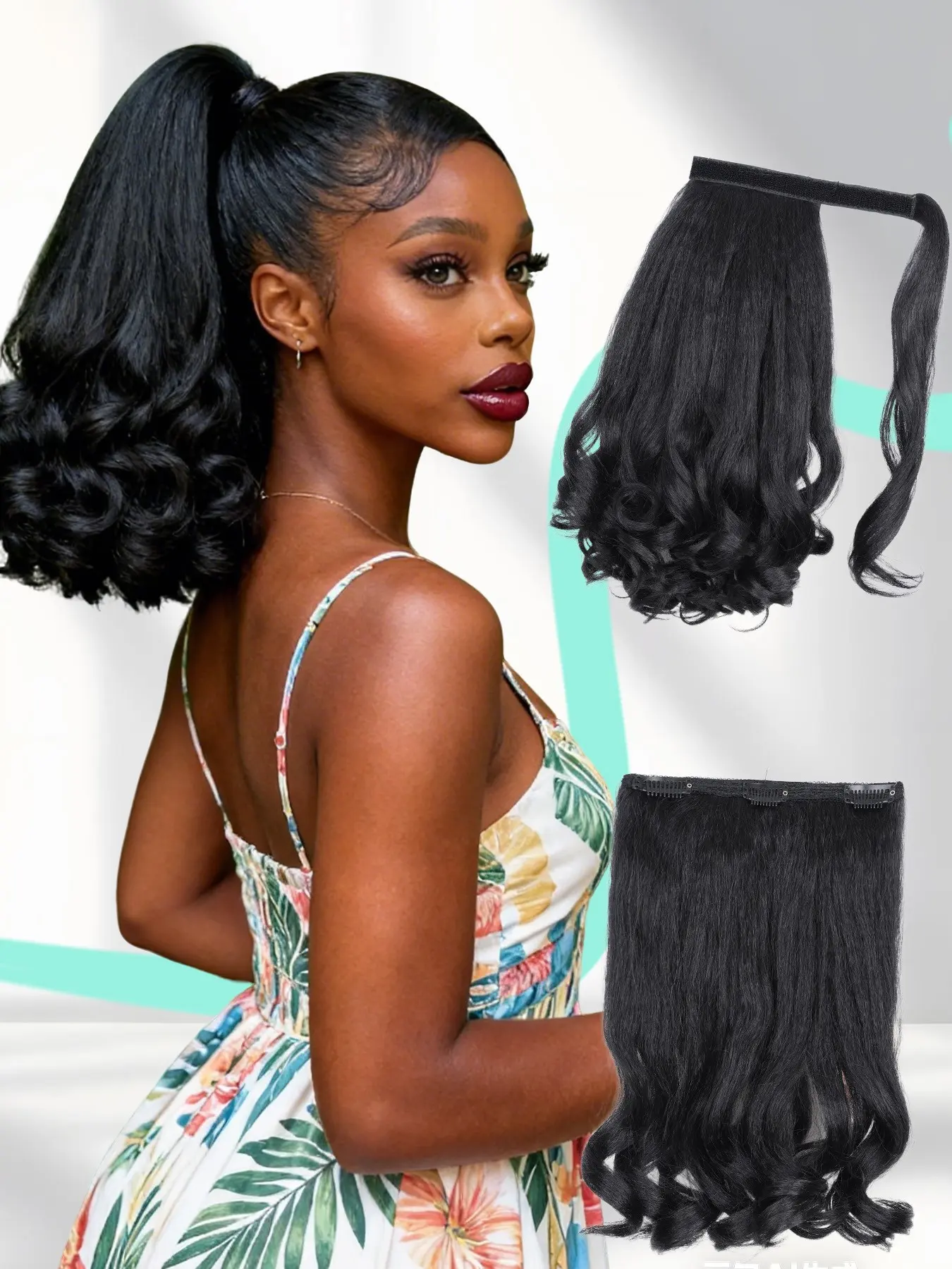2PCS Yaki Ponytail Set: Wrap Around Curly Pony + Clip-in Hair Extensions, Curly Ponytails, Instant Length & Volume for All Hairstyles, Synthetic Ponytail Hairpieces