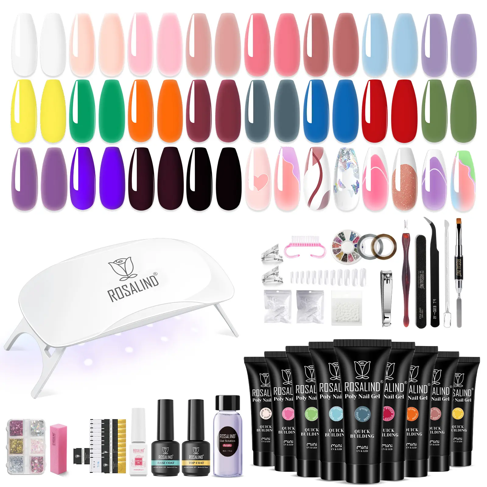 ROSALIND Poly Nail Gel Extension Starter Kit - 8/14/20 Color Shades Builder Gel Polish with UV Light Lamp, Base & Top Coat, Manicure Tools Nails kit Set for DIY Nail Art & Salon Use