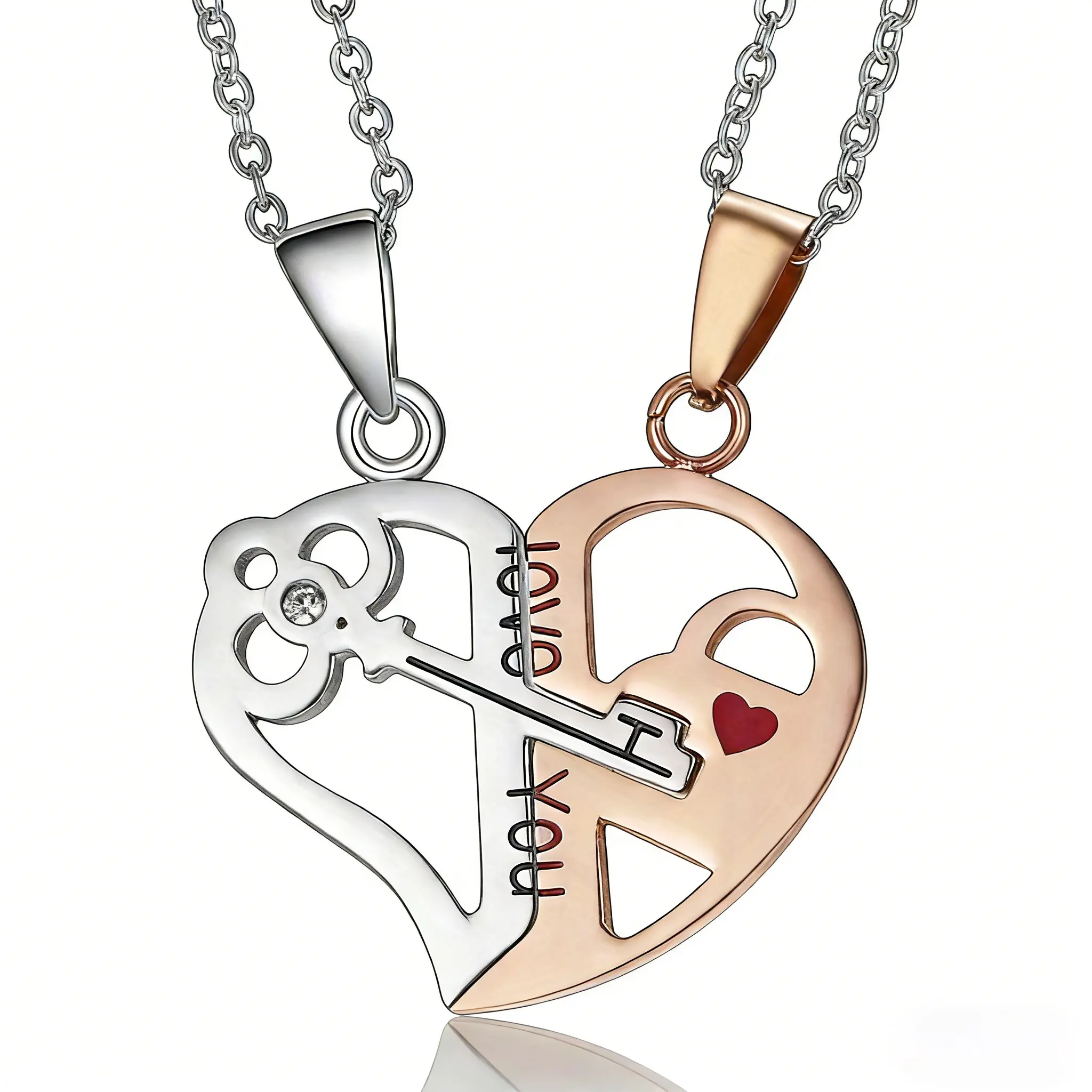201 Stainless Steel Heart-Shaped Key Pendant Necklace Set (2 pieces), a perfect Valentine's Day gift for couples.