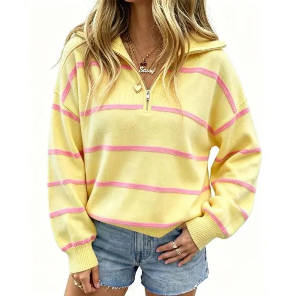Fisoew Women's Color Block Striped Quarter Zip Sweater, Lapel Collar Drop Shoulder Long Sleeve Oversized Pullover Knit Top,back to school,back to school shopping Casual Ribbed,clothes for back to school,first day of school outfits