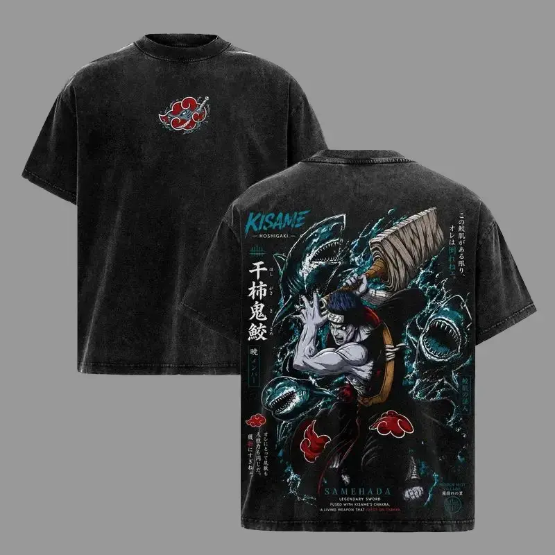 Men's Short-Sleeve Kisame Hoshigaki NRT T-Shirt - Akatsuki Samehada Shark Ninja Graphic, Back Print, 90s Vintage Unisex Cotton Distressed Tee, NRT Streetwear Anime Merch Casual Crewneck Tshirt