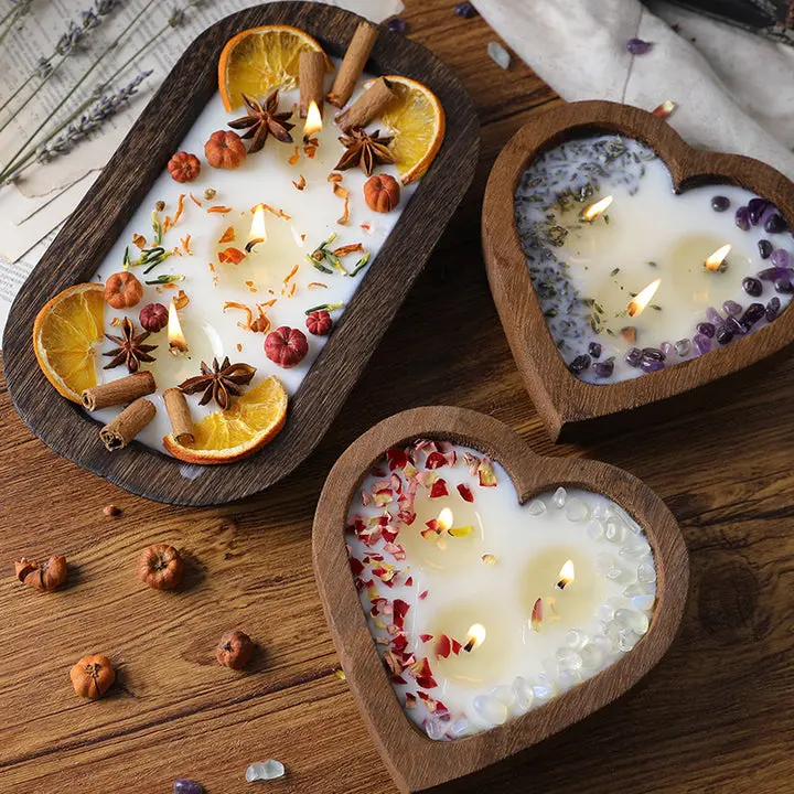 Wooden Scented Candle - Heart & Rectangle Shaped, with Dried Flowers, Lavender Fragrance & Aroma, for Table Decor, Home Supplies