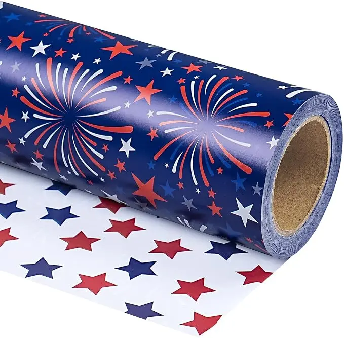 WRAPAHOLIC 4th of July Wrapping Paper Roll, American Flag Gift Wrap with Stars,Fireworks,Blue Bow,USA Dog,Cowboy & Highland Cow Designs, Reversible Holiday Wrapping Paper for Independence Day, Memorial Day, Birthday Party Gifts, 17 Inch x 16.5 Feet