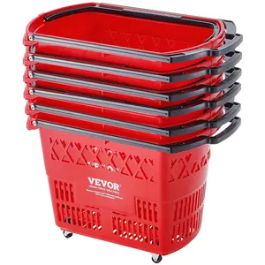 VEVOR Shopping Baskets, 6PCS, 39L Shopping Carts with Handles, Plastic Rolling Shopping Basket with Wheels, Large Portable Shopping Basket Set for Supermarkets, Retail Stores, Grocery Shopping, Red Organiser Household