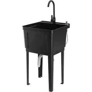 ROVSUN 21-Gallon Plastic Utility Sink, Freestanding Sink with Hot&Cold Faucet, Soap Dispenser, Drain Plug and Iron Legs, Perfect for Laundry Room, Garage, Black, 19.7L"×18.9W"×33.1H"
